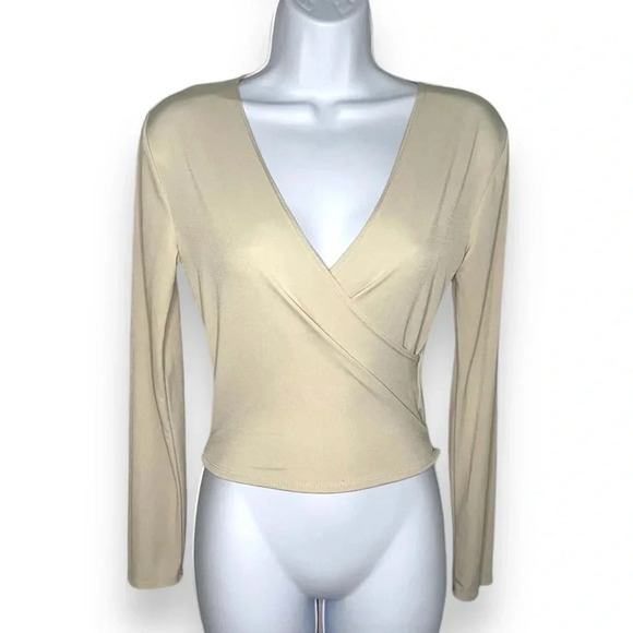 YMI Collections Beige Wrap Tie Blouse - Size S - Long Sleeve V-Neck Top - Picture 8 of 8